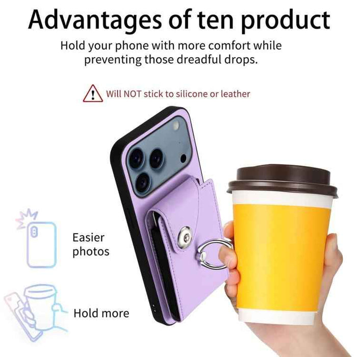 For iPhone 17 Pro Max Organ Card Bag Ring Holder Phone Case with Long Lanyard(Purple)
