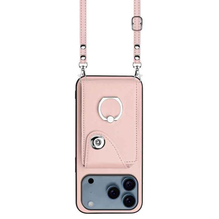 For iPhone 17 Pro Max Organ Card Bag Ring Holder Phone Case with Long Lanyard(Pink)