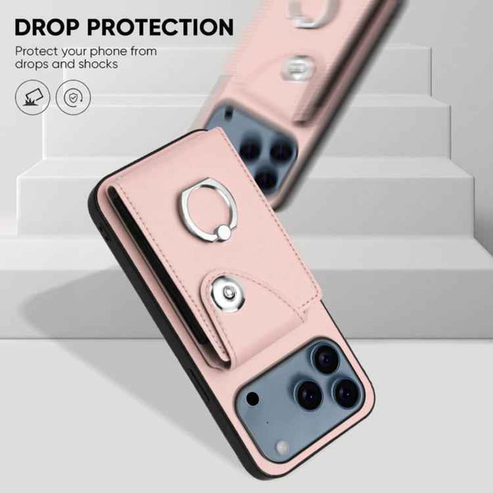 For iPhone 17 Pro Max Organ Card Bag Ring Holder Phone Case with Long Lanyard(Pink)