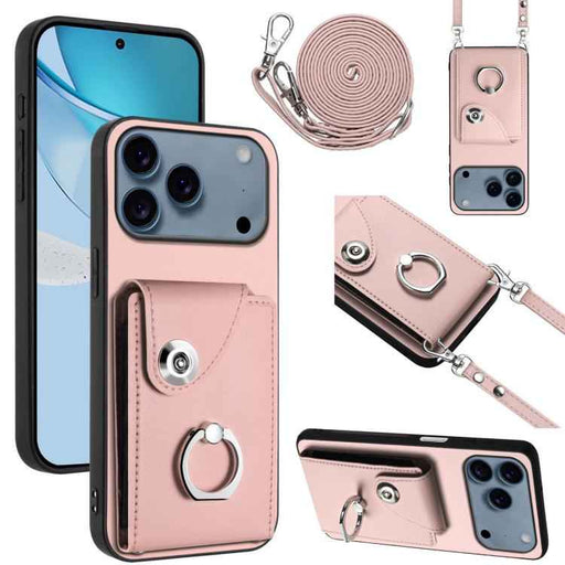 For iPhone 17 Pro Max Organ Card Bag Ring Holder Phone Case with Long Lanyard(Pink)