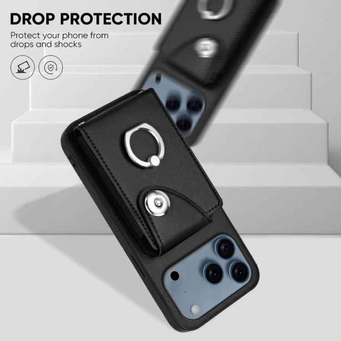 For iPhone 17 Pro Max Organ Card Bag Ring Holder Phone Case with Long Lanyard(Black)
