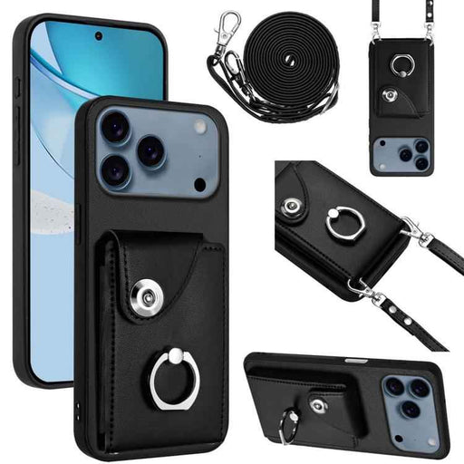 For iPhone 17 Pro Max Organ Card Bag Ring Holder Phone Case with Long Lanyard(Black)