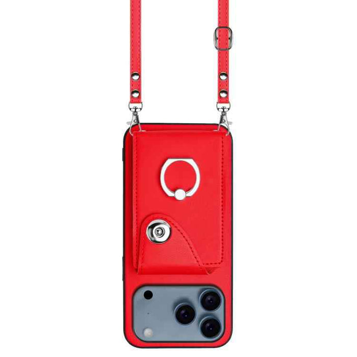 For iPhone 17 Pro Max Organ Card Bag Ring Holder Phone Case with Long Lanyard(Red)