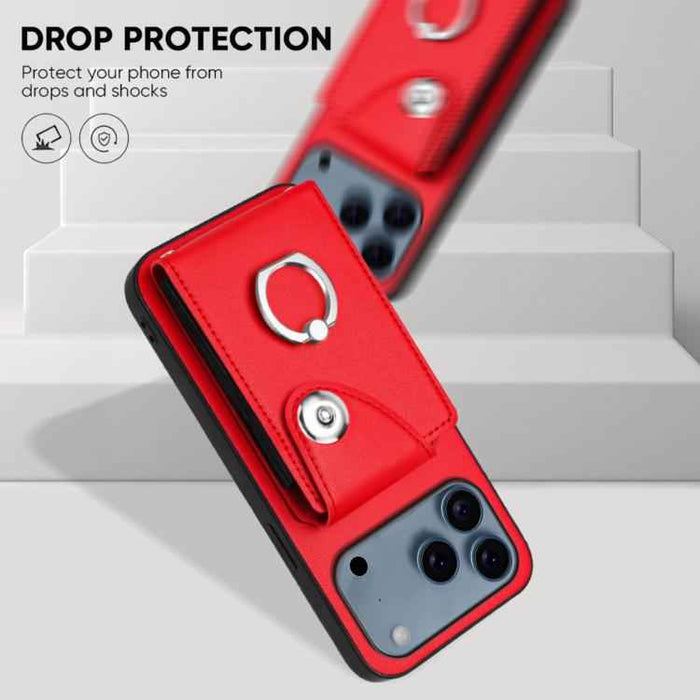 For iPhone 17 Pro Max Organ Card Bag Ring Holder Phone Case with Long Lanyard(Red)