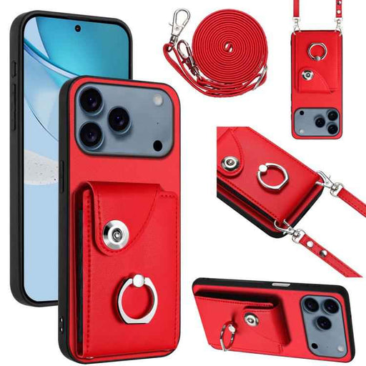 For iPhone 17 Pro Max Organ Card Bag Ring Holder Phone Case with Long Lanyard(Red)