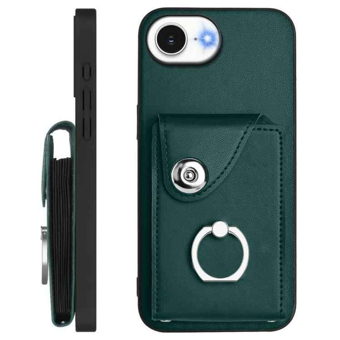For iPhone 16e Organ Card Bag Ring Holder Phone Case with Long Lanyard(Green)