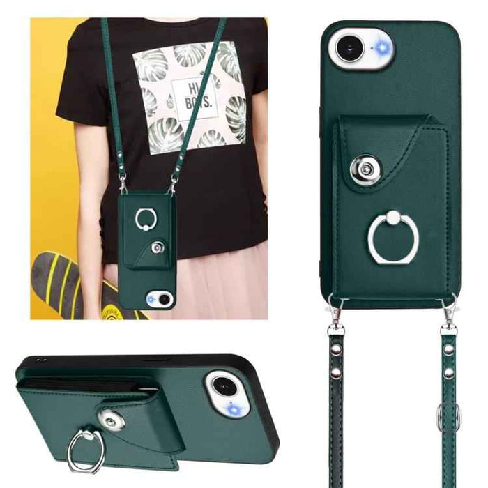 For iPhone 16e Organ Card Bag Ring Holder Phone Case with Long Lanyard(Green)