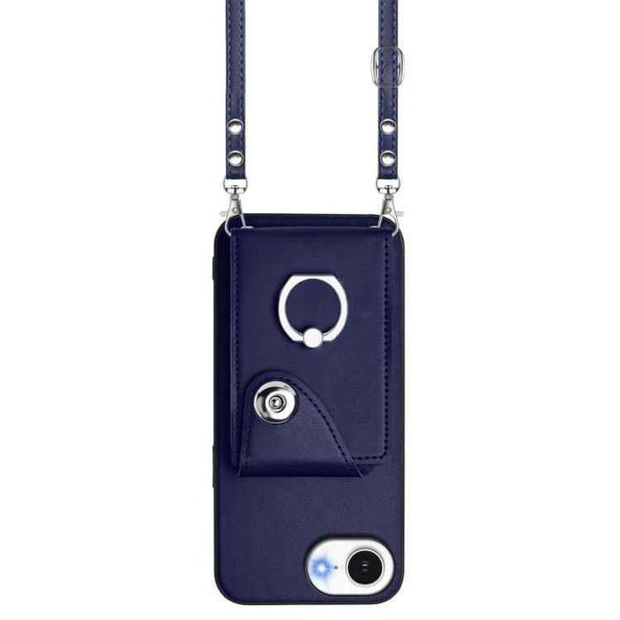 For iPhone 16e Organ Card Bag Ring Holder Phone Case with Long Lanyard(Blue)