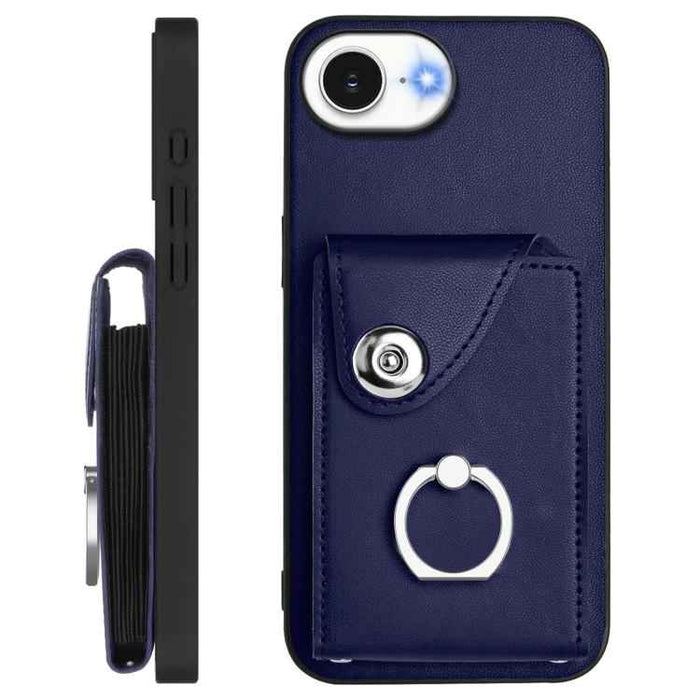 For iPhone 16e Organ Card Bag Ring Holder Phone Case with Long Lanyard(Blue)