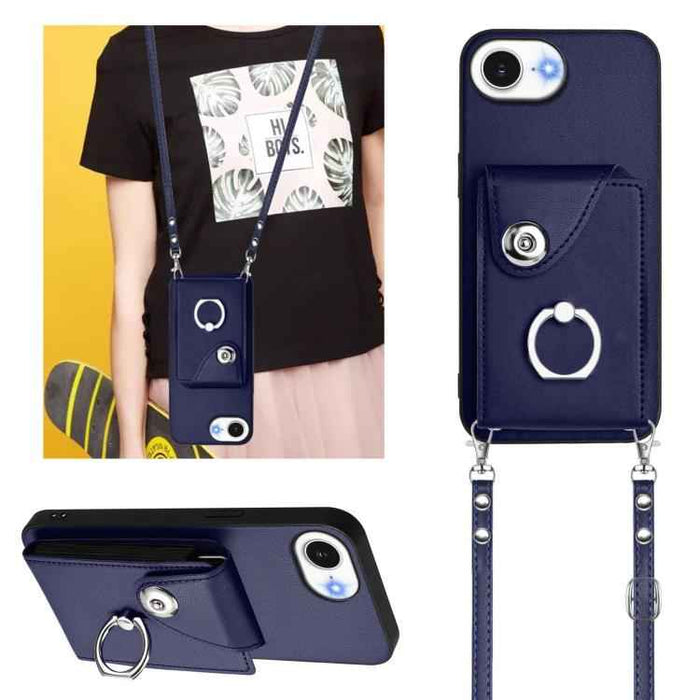 For iPhone 16e Organ Card Bag Ring Holder Phone Case with Long Lanyard(Blue)
