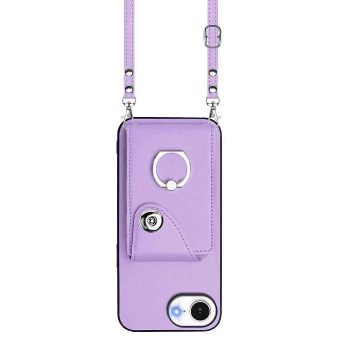 For iPhone 16e Organ Card Bag Ring Holder Phone Case with Long Lanyard(Purple)