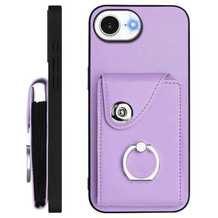 For iPhone 16e Organ Card Bag Ring Holder Phone Case with Long Lanyard(Purple)