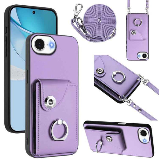 For iPhone 16e Organ Card Bag Ring Holder Phone Case with Long Lanyard(Purple)