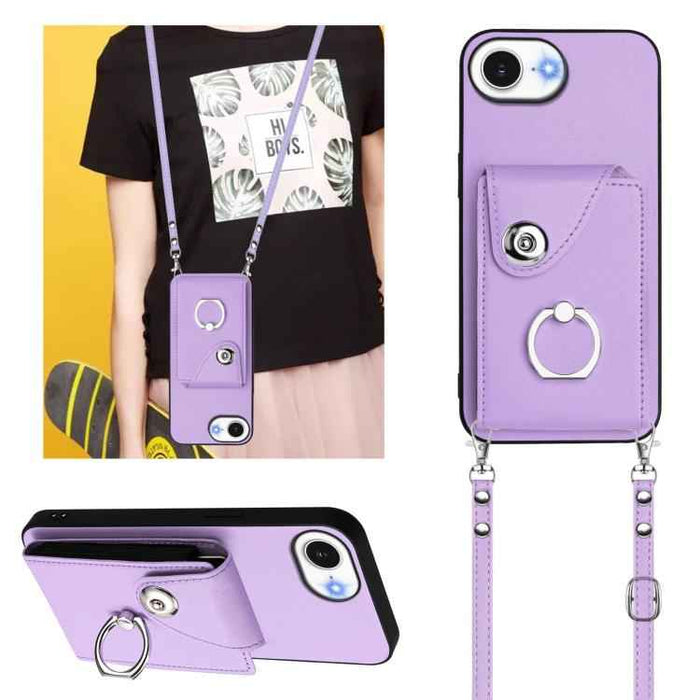 For iPhone 16e Organ Card Bag Ring Holder Phone Case with Long Lanyard(Purple)