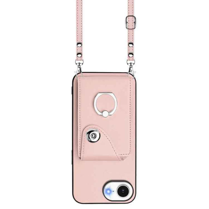 For iPhone 16e Organ Card Bag Ring Holder Phone Case with Long Lanyard(Pink)
