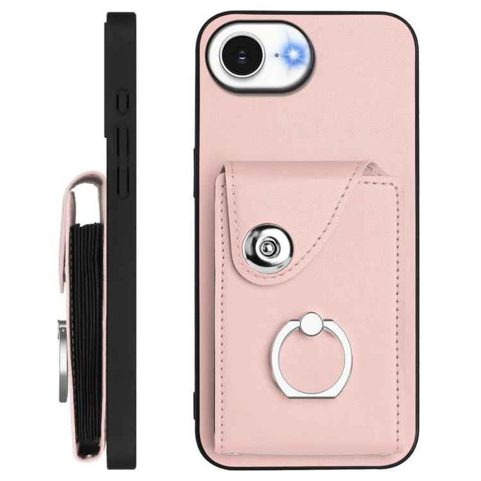 For iPhone 16e Organ Card Bag Ring Holder Phone Case with Long Lanyard(Pink)