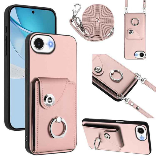 For iPhone 16e Organ Card Bag Ring Holder Phone Case with Long Lanyard(Pink)