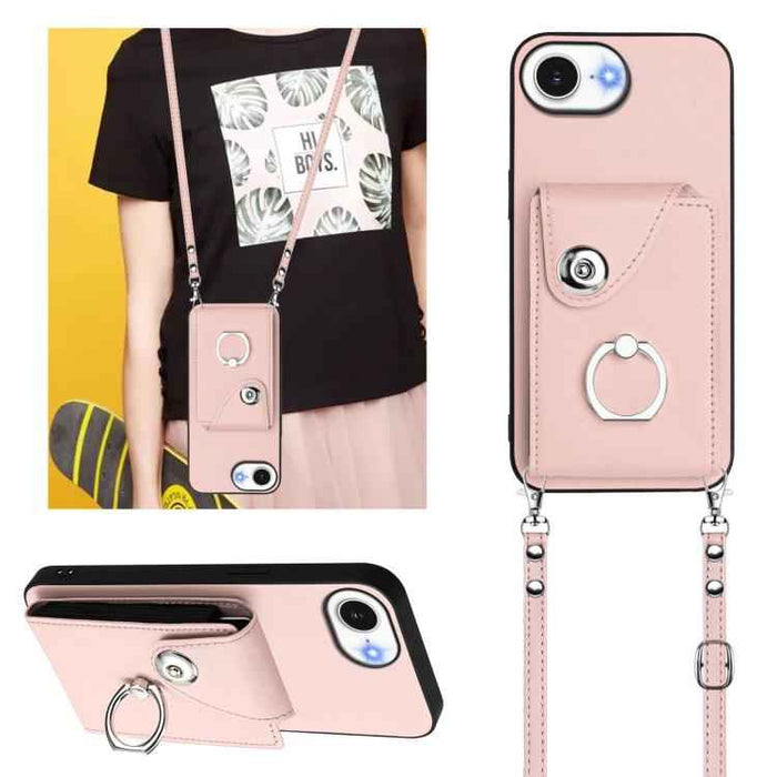 For iPhone 16e Organ Card Bag Ring Holder Phone Case with Long Lanyard(Pink)