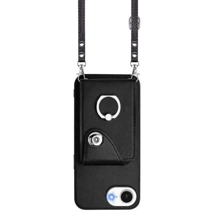 For iPhone 16e Organ Card Bag Ring Holder Phone Case with Long Lanyard(Black)