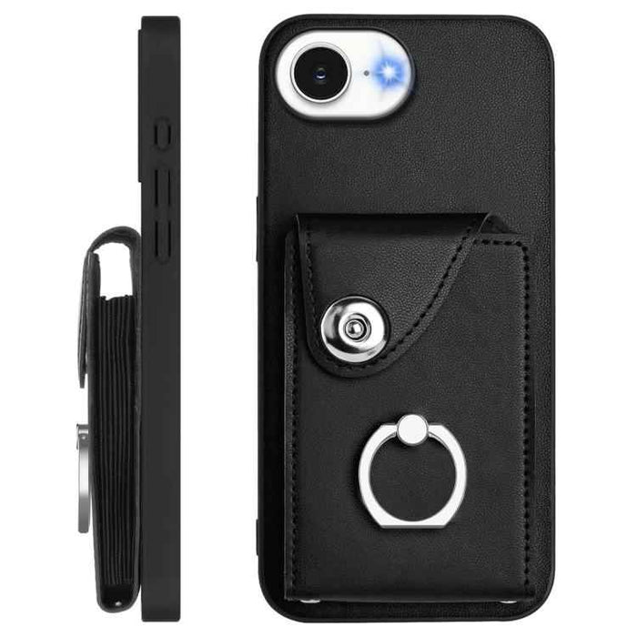 For iPhone 16e Organ Card Bag Ring Holder Phone Case with Long Lanyard(Black)