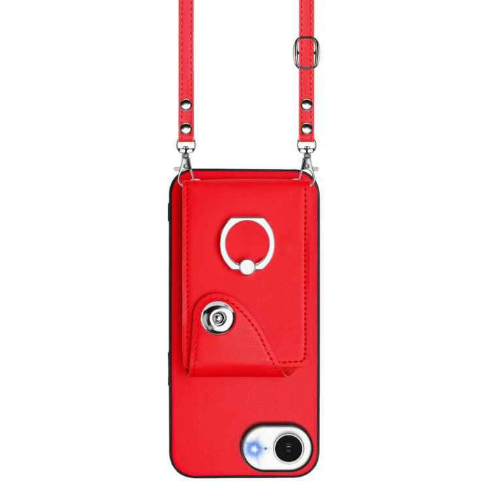 For iPhone 16e Organ Card Bag Ring Holder Phone Case with Long Lanyard(Red)