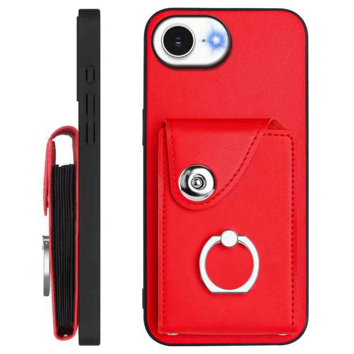 For iPhone 16e Organ Card Bag Ring Holder Phone Case with Long Lanyard(Red)