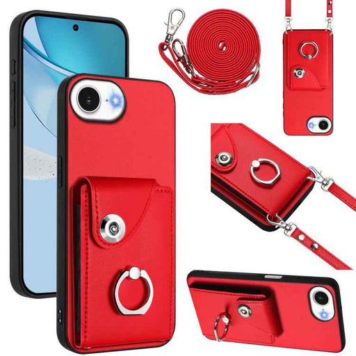 For iPhone 16e Organ Card Bag Ring Holder Phone Case with Long Lanyard(Red)