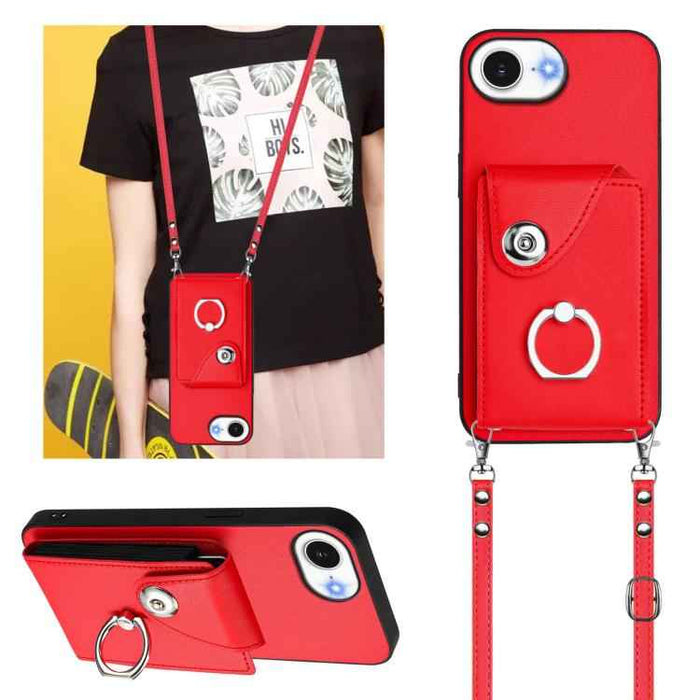 For iPhone 16e Organ Card Bag Ring Holder Phone Case with Long Lanyard(Red)