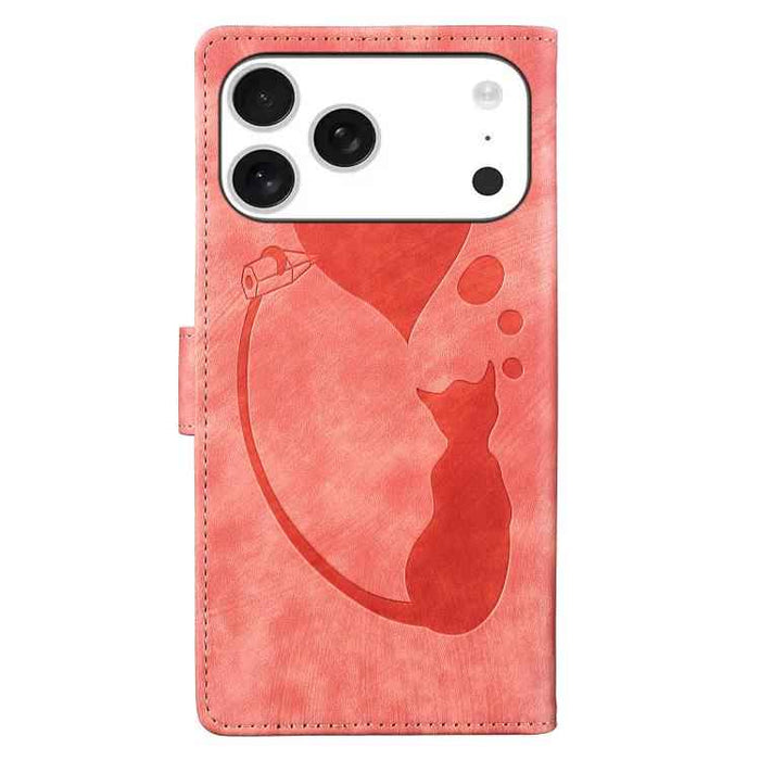 For iPhone 17 Pro Max Pen Heart Cat Embossed Leather Phone Case(Orange)