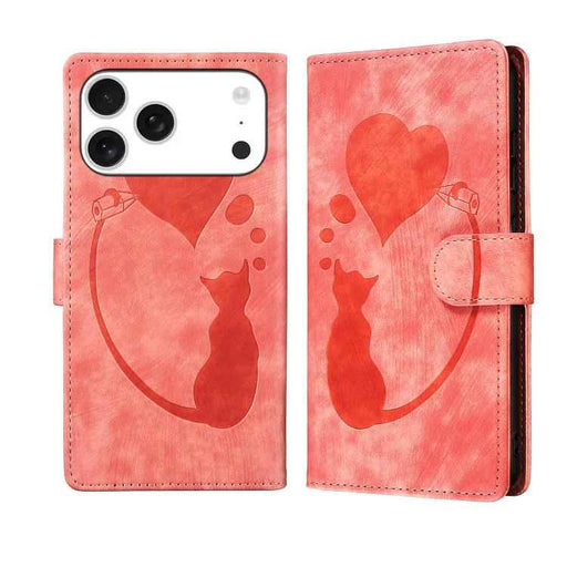 For iPhone 17 Pro Max Pen Heart Cat Embossed Leather Phone Case(Orange)
