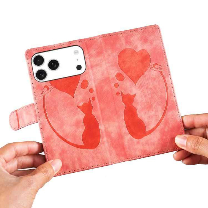 For iPhone 17 Pro Max Pen Heart Cat Embossed Leather Phone Case(Orange)