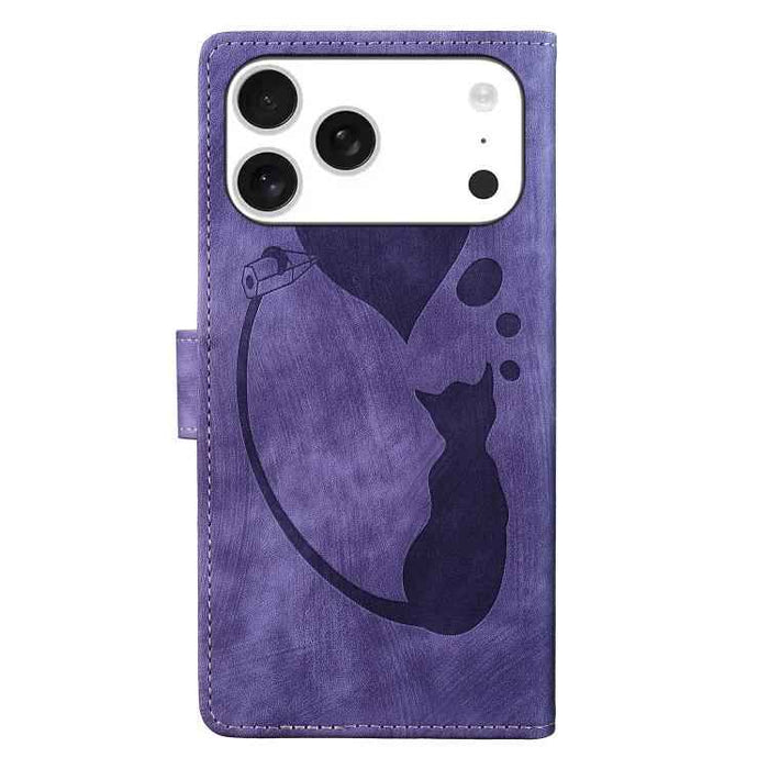 For iPhone 17 Pro Max Pen Heart Cat Embossed Leather Phone Case(Purple)