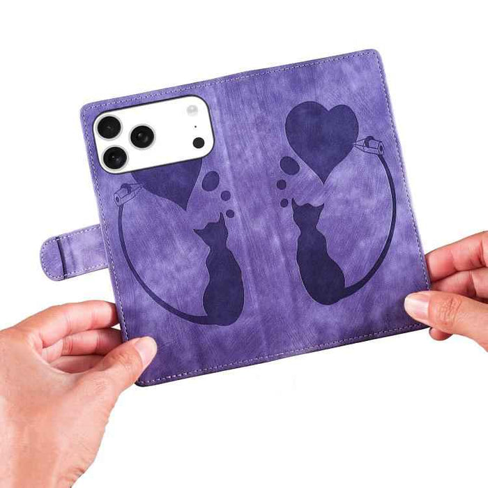 For iPhone 17 Pro Max Pen Heart Cat Embossed Leather Phone Case(Purple)