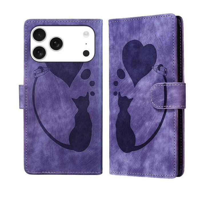 For iPhone 17 Pro Max Pen Heart Cat Embossed Leather Phone Case(Purple)