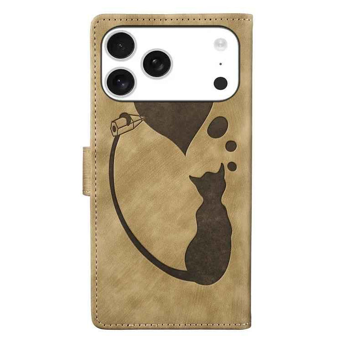 For iPhone 17 Pro Max Pen Heart Cat Embossed Leather Phone Case(Apricot)