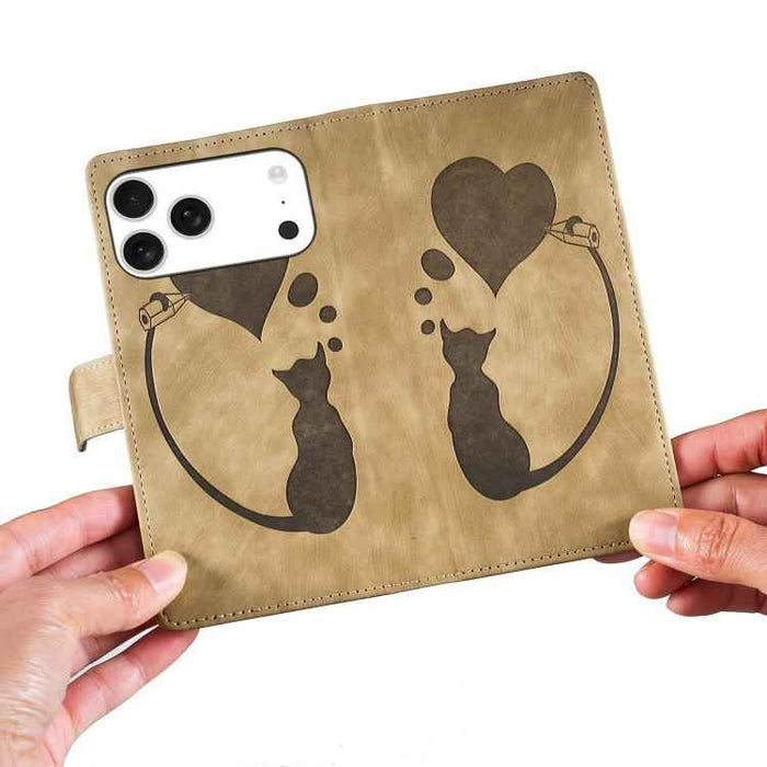 For iPhone 17 Pro Max Pen Heart Cat Embossed Leather Phone Case(Apricot)