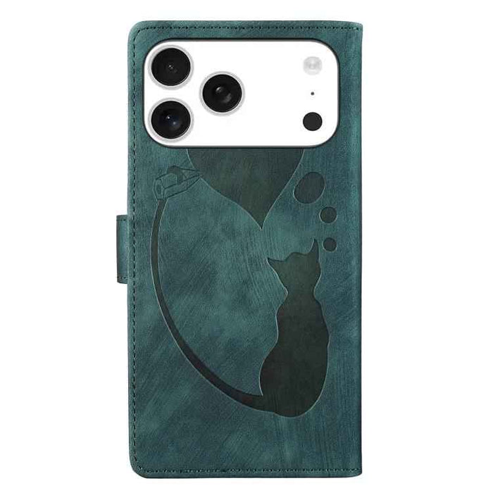 For iPhone 17 Pro Max Pen Heart Cat Embossed Leather Phone Case(Green)