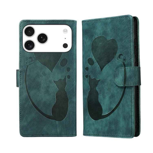 For iPhone 17 Pro Max Pen Heart Cat Embossed Leather Phone Case(Green)