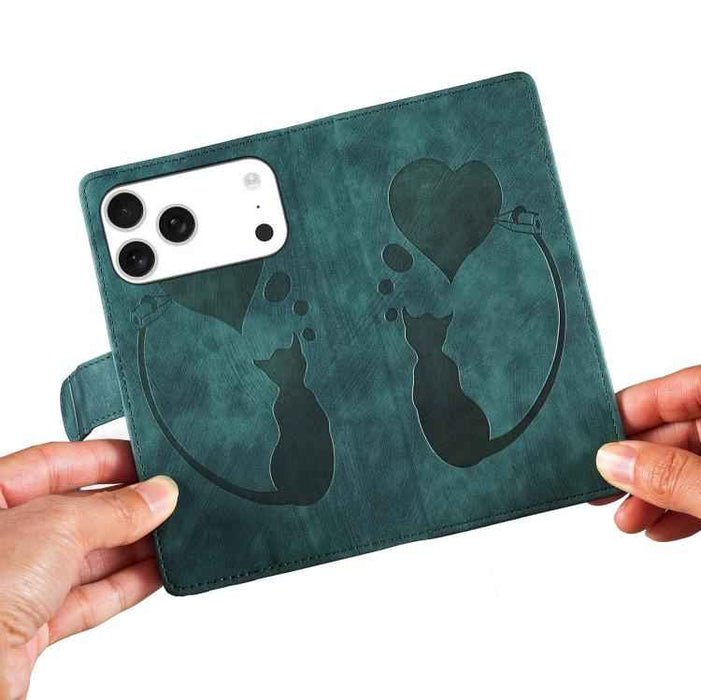 For iPhone 17 Pro Max Pen Heart Cat Embossed Leather Phone Case(Green)