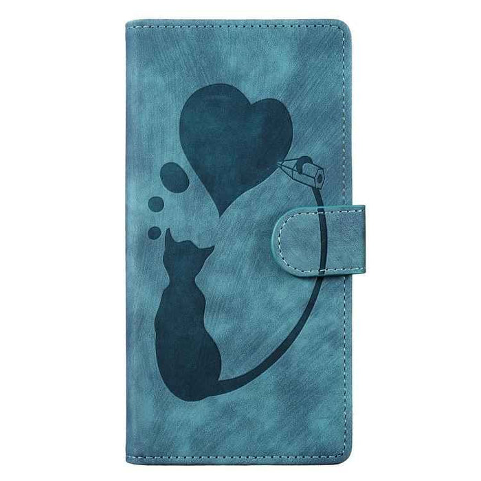For iPhone 17 Pro Max Pen Heart Cat Embossed Leather Phone Case(Blue)