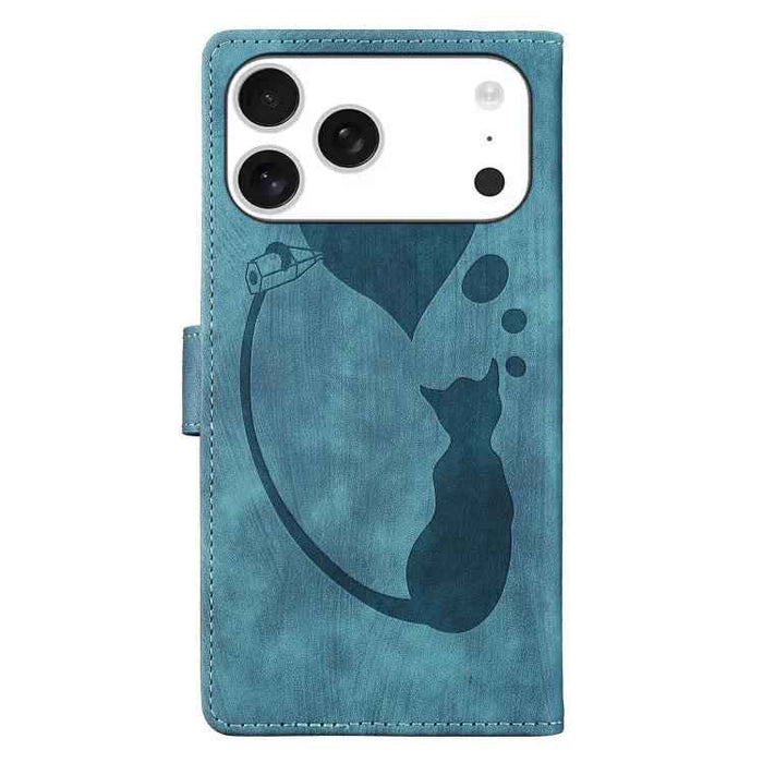 For iPhone 17 Pro Max Pen Heart Cat Embossed Leather Phone Case(Blue)