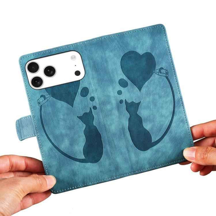 For iPhone 17 Pro Max Pen Heart Cat Embossed Leather Phone Case(Blue)
