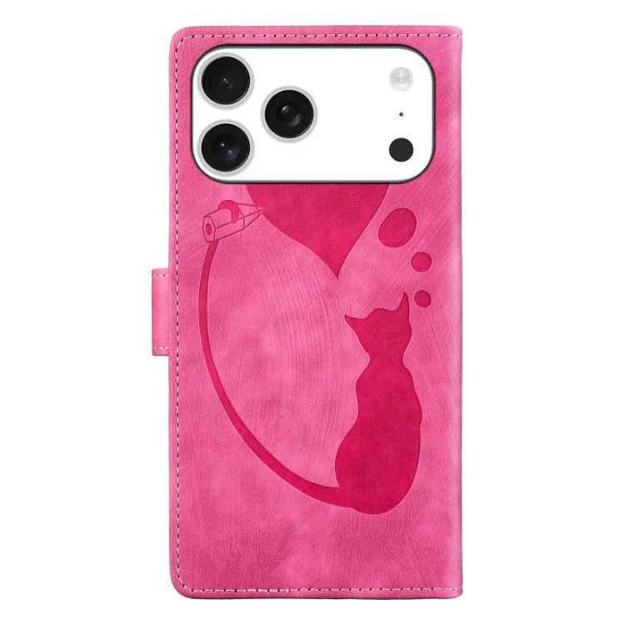 For iPhone 17 Pro Max Pen Heart Cat Embossed Leather Phone Case(Pink)