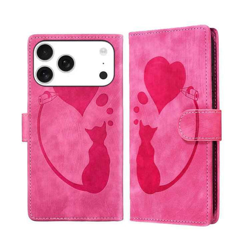 For iPhone 17 Pro Max Pen Heart Cat Embossed Leather Phone Case(Pink)