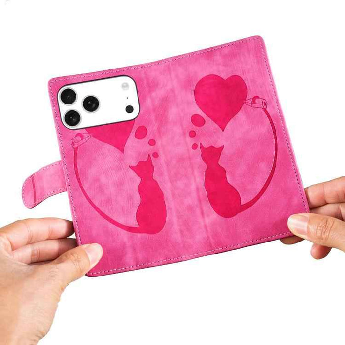 For iPhone 17 Pro Max Pen Heart Cat Embossed Leather Phone Case(Pink)