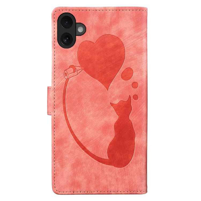 For iPhone 17 Pen Heart Cat Embossed Leather Phone Case(Orange)