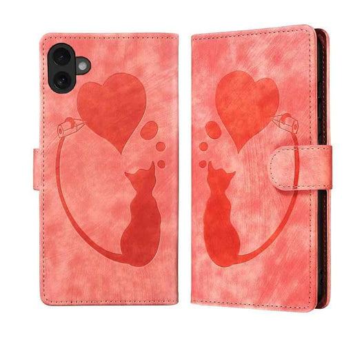 For iPhone 17 Pen Heart Cat Embossed Leather Phone Case(Orange)