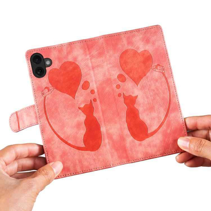 For iPhone 17 Pen Heart Cat Embossed Leather Phone Case(Orange)