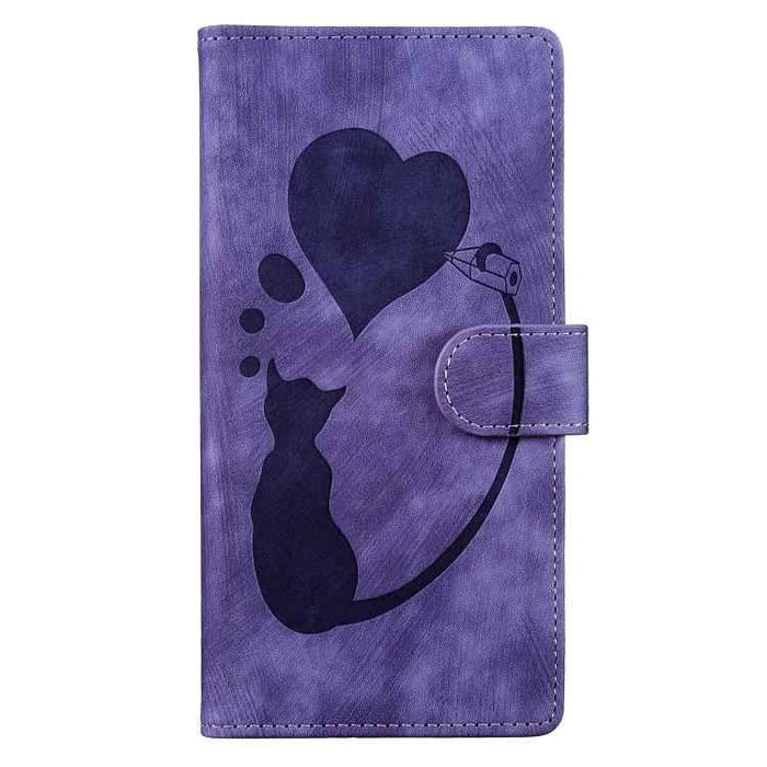 For iPhone 17 Pen Heart Cat Embossed Leather Phone Case(Purple)