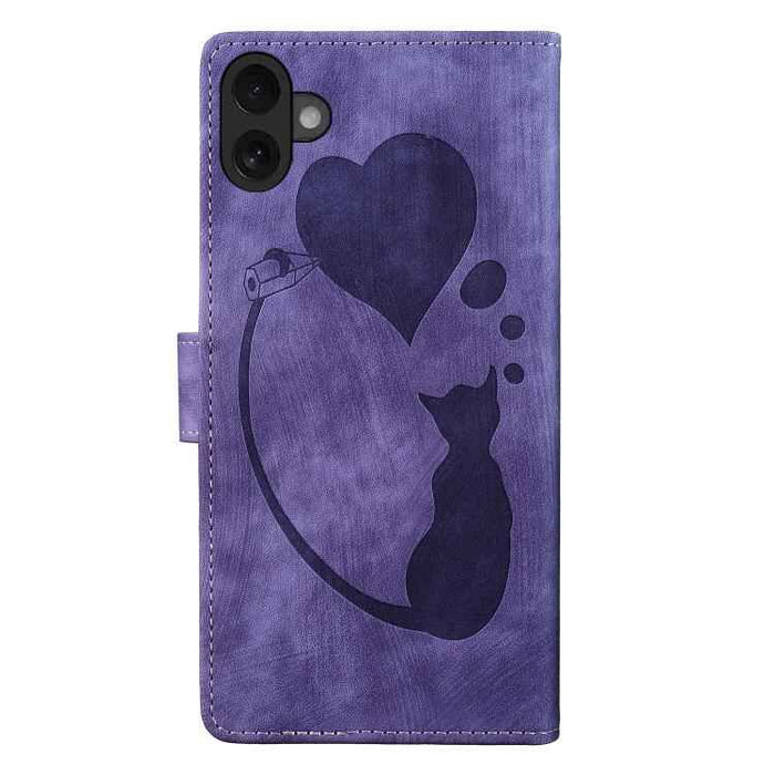 For iPhone 17 Pen Heart Cat Embossed Leather Phone Case(Purple)